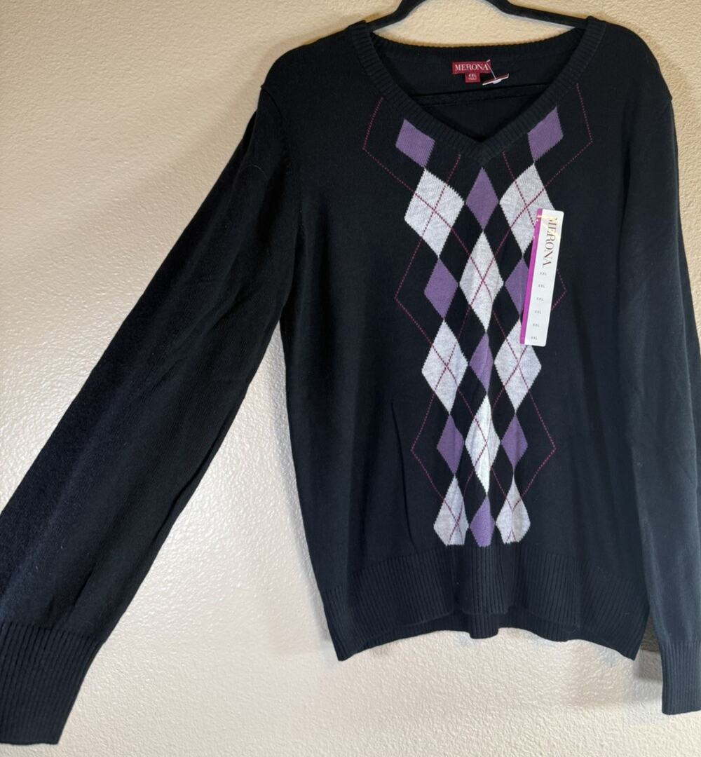NEW Merona Women's XXL Argyle Knit Pullover Sweater V-Neck Long Sleeve